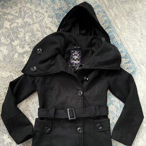 DOLLHOUSE Outerwear Women's Double-Breasted Pea Coat Hooded Jacket Black Size SM